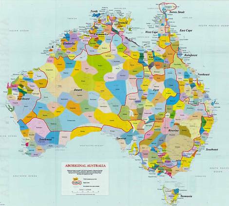 Karte der Besiedlungsräme der australischen Aboriginals.