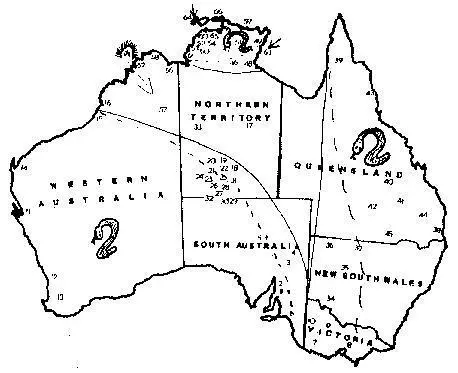 Australienkarte mit Auftreten der Regenbogenschlange